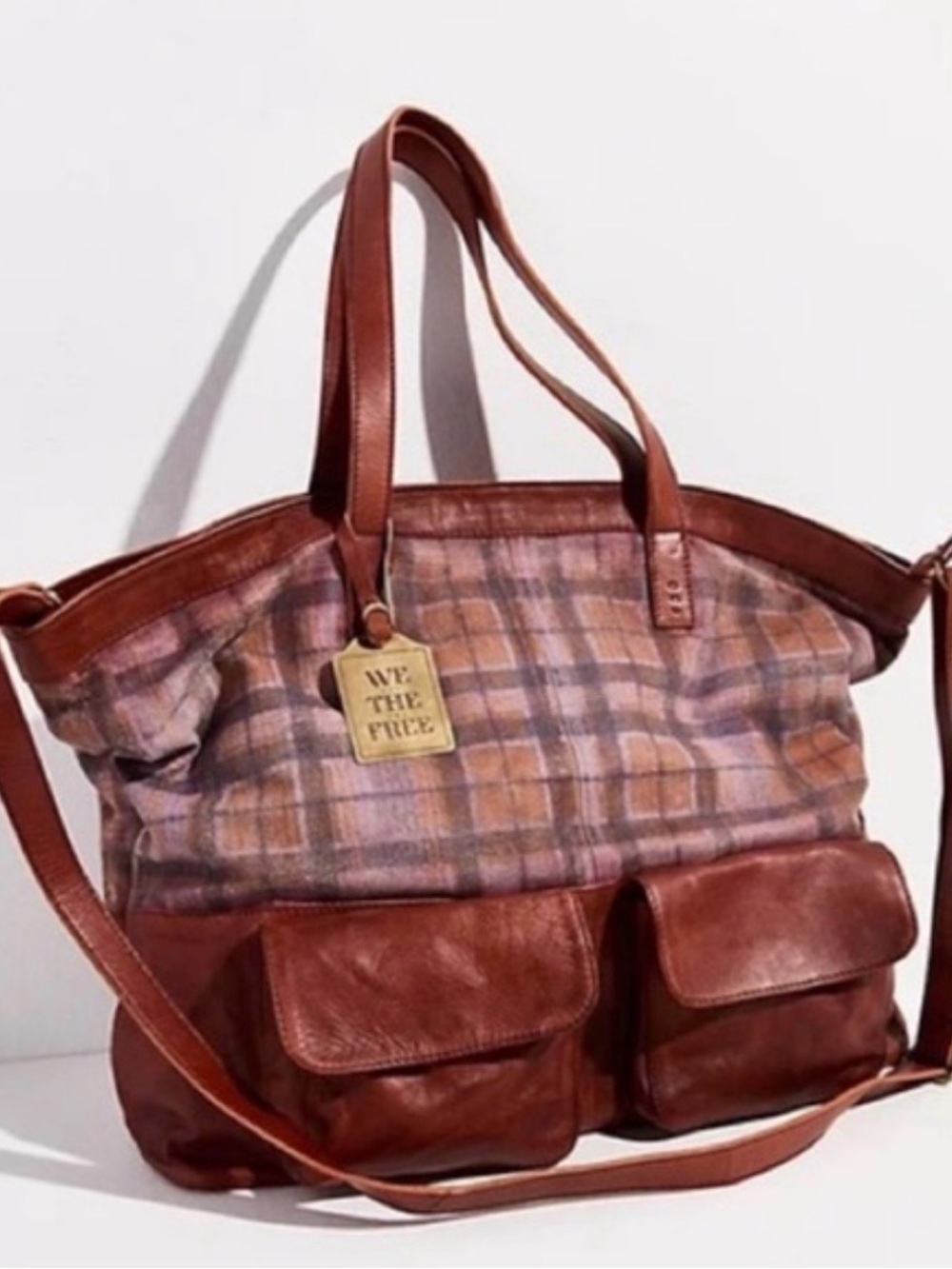 We the Free Leather Trim Plaid Tote Bag